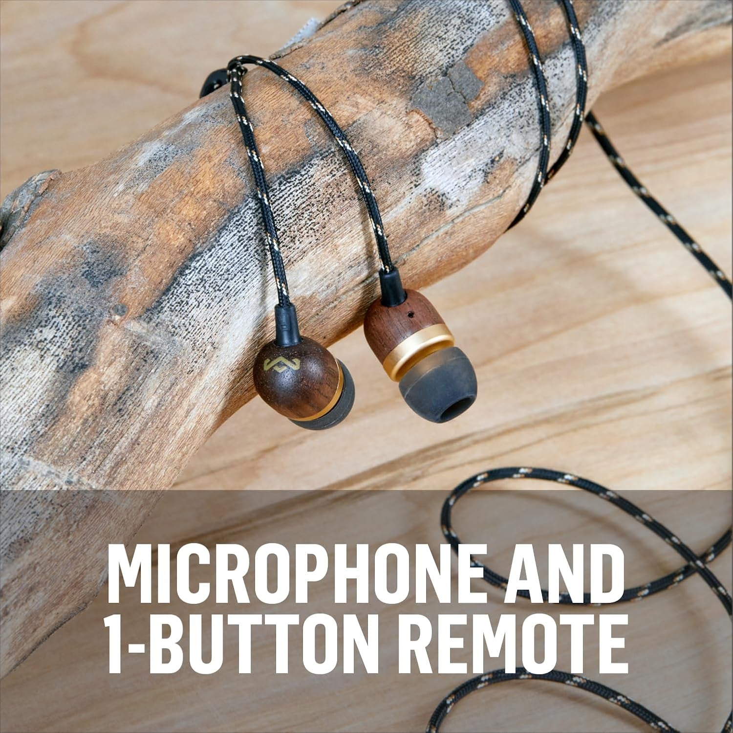 House of  Smile Jamaica Wired: Wired Earphones with Microphone, Noise Isolating Design, and Sustainable Materials, Brass