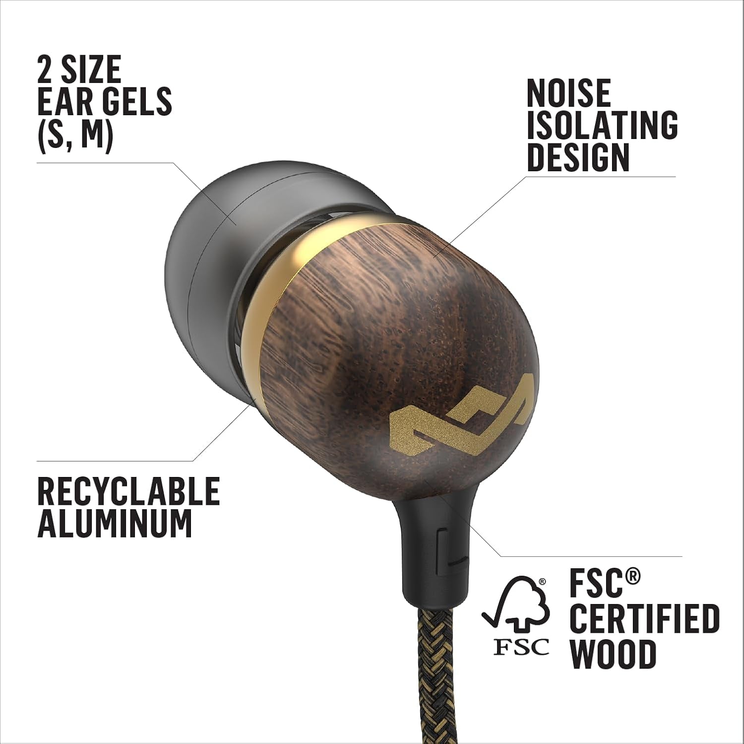 House of  Smile Jamaica Wired: Wired Earphones with Microphone, Noise Isolating Design, and Sustainable Materials, Brass