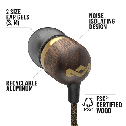 House of  Smile Jamaica Wired: Wired Earphones with Microphone, Noise Isolating Design, and Sustainable Materials, Brass